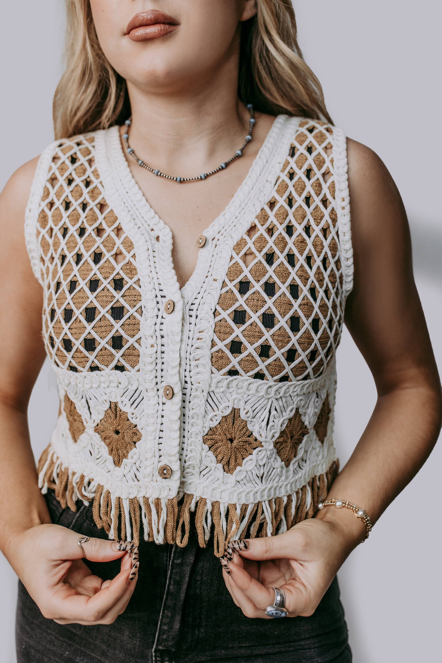 Desert Bloom Crochet Vest – Boho Western Fringe Button-Up
