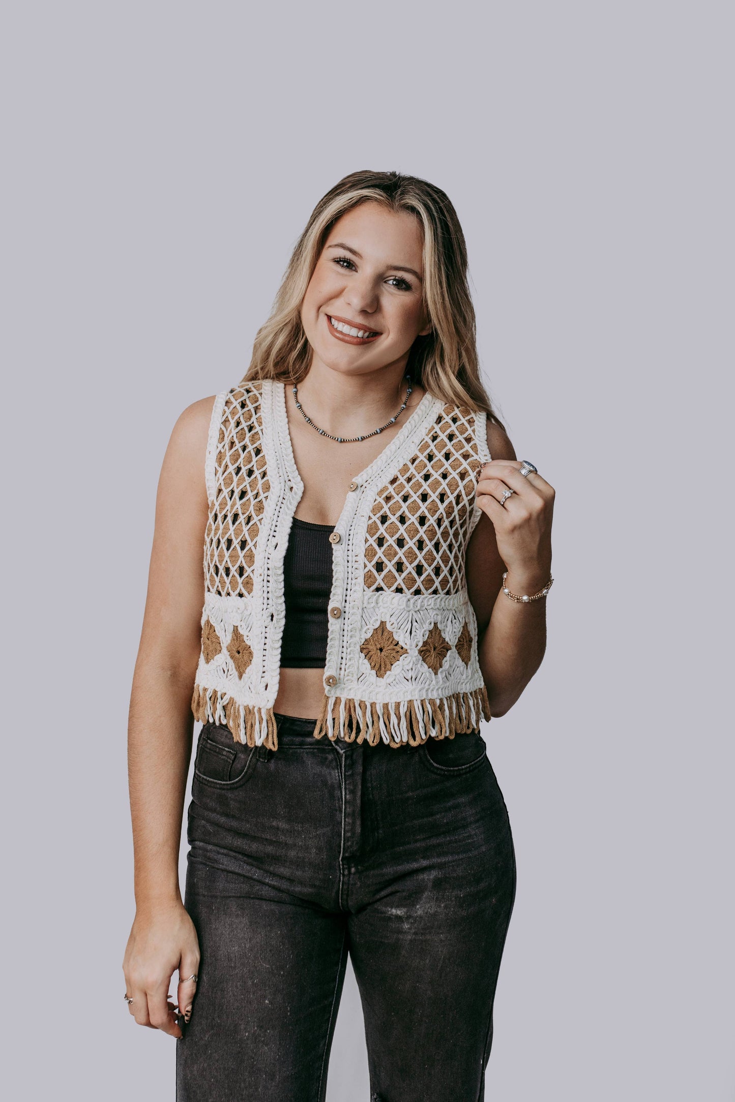 Desert Bloom Crochet Vest – Boho Western Fringe Button-Up