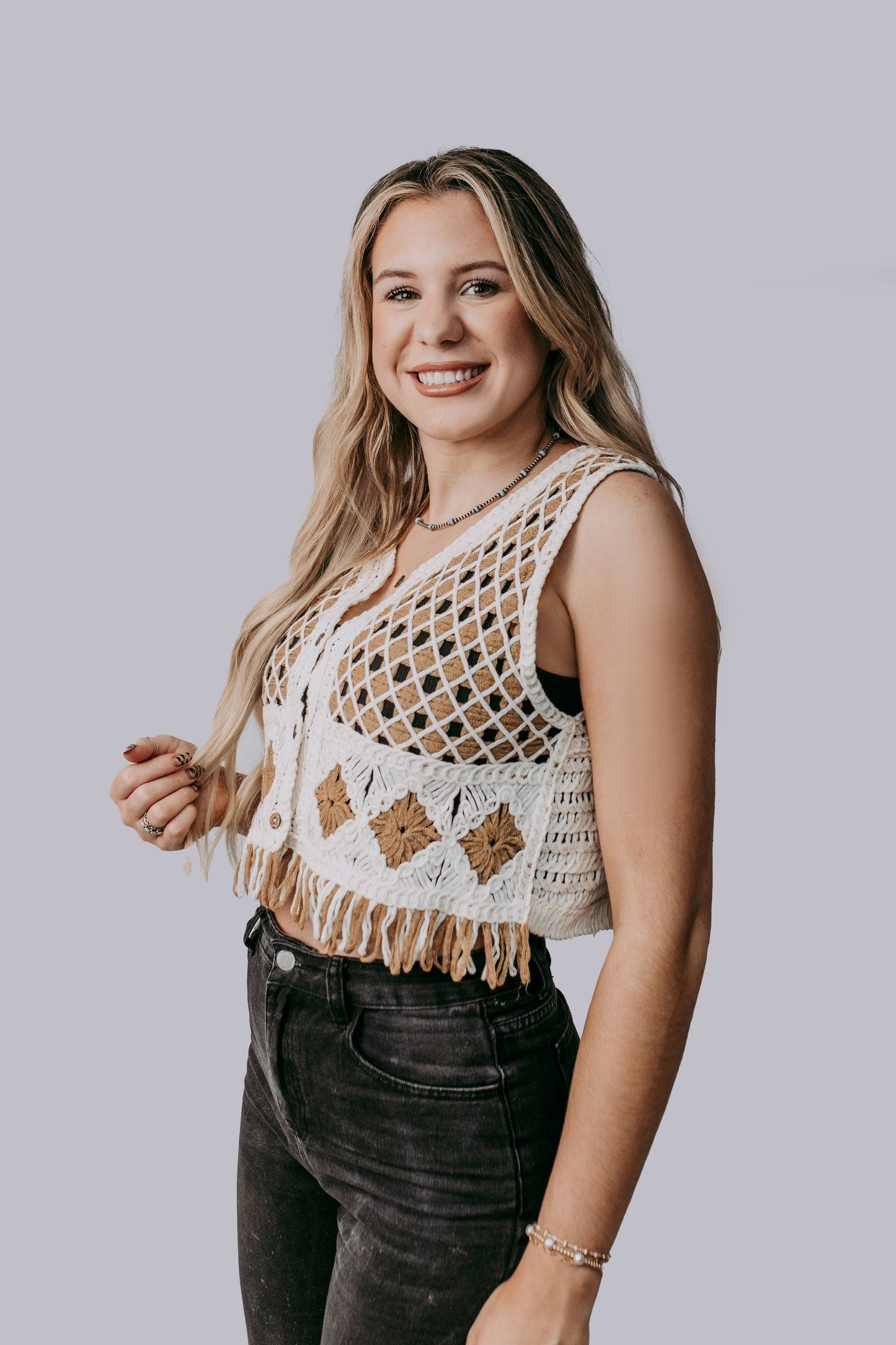 Desert Bloom Crochet Vest – Boho Western Fringe Button-Up