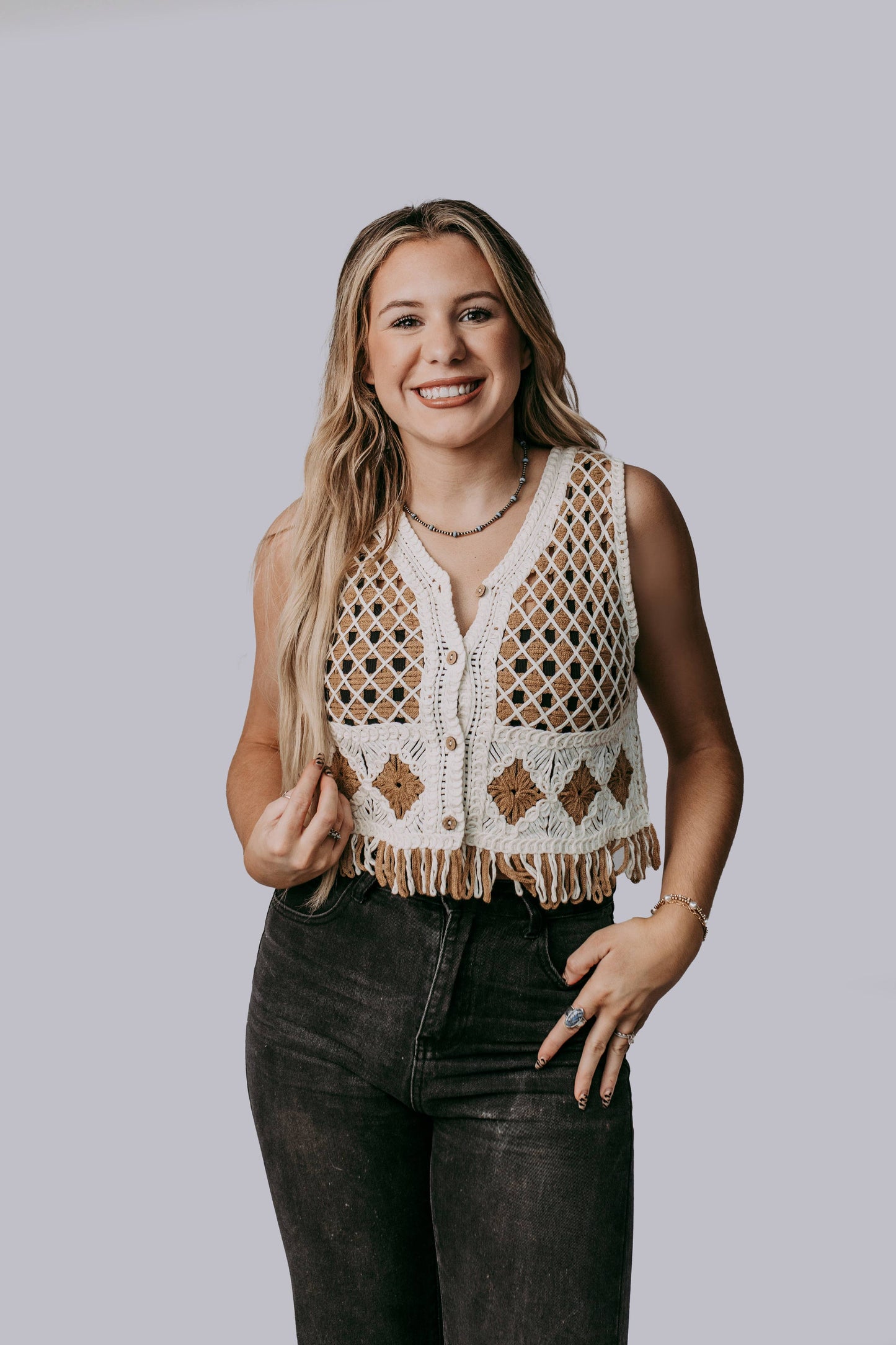 Desert Bloom Crochet Vest – Boho Western Fringe Button-Up